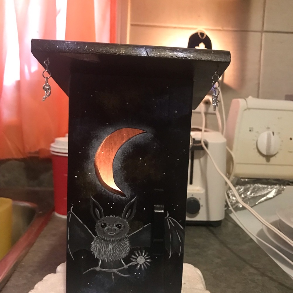 Hand-Painted Black Moon & Bat Wooden Lantern